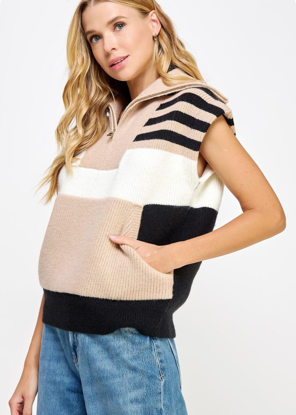 TAUPE, BLACK, AND IVORY STRIPE SWEATER VEST