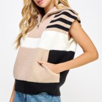 TAUPE, BLACK, AND IVORY STRIPE SWEATER VEST