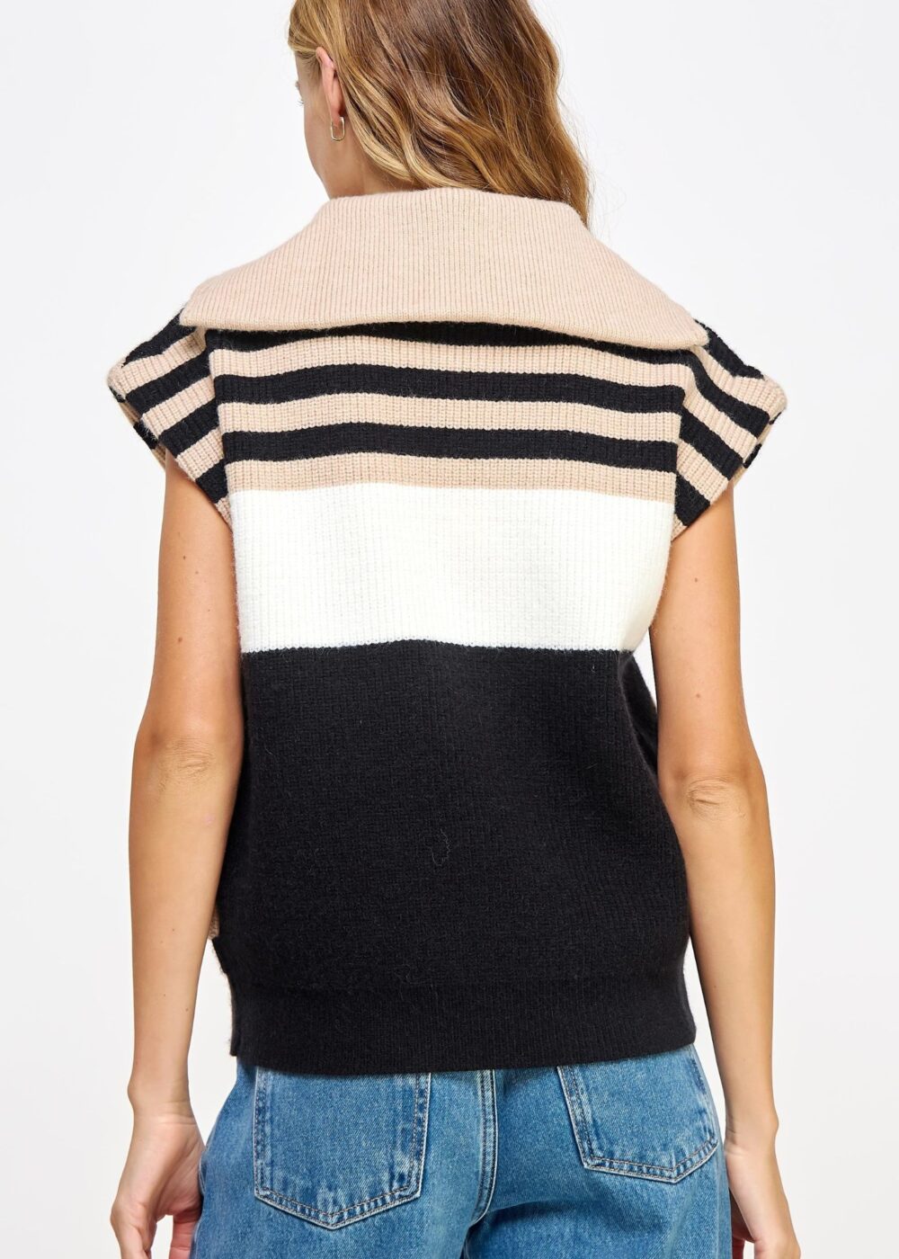 TAUPE, BLACK, AND IVORY STRIPE SWEATER VEST