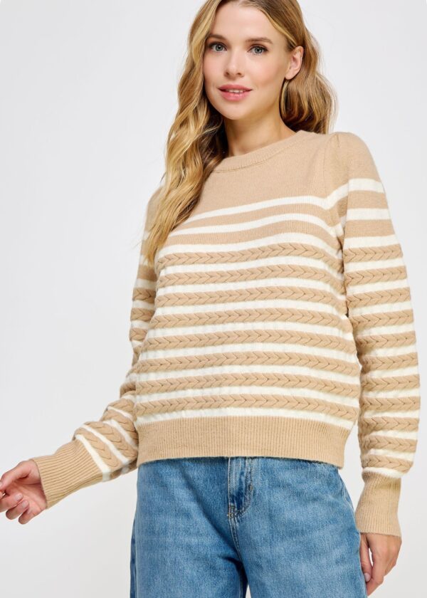 SAND AND IVORY STRIPED CABLE KNIT SWEATER