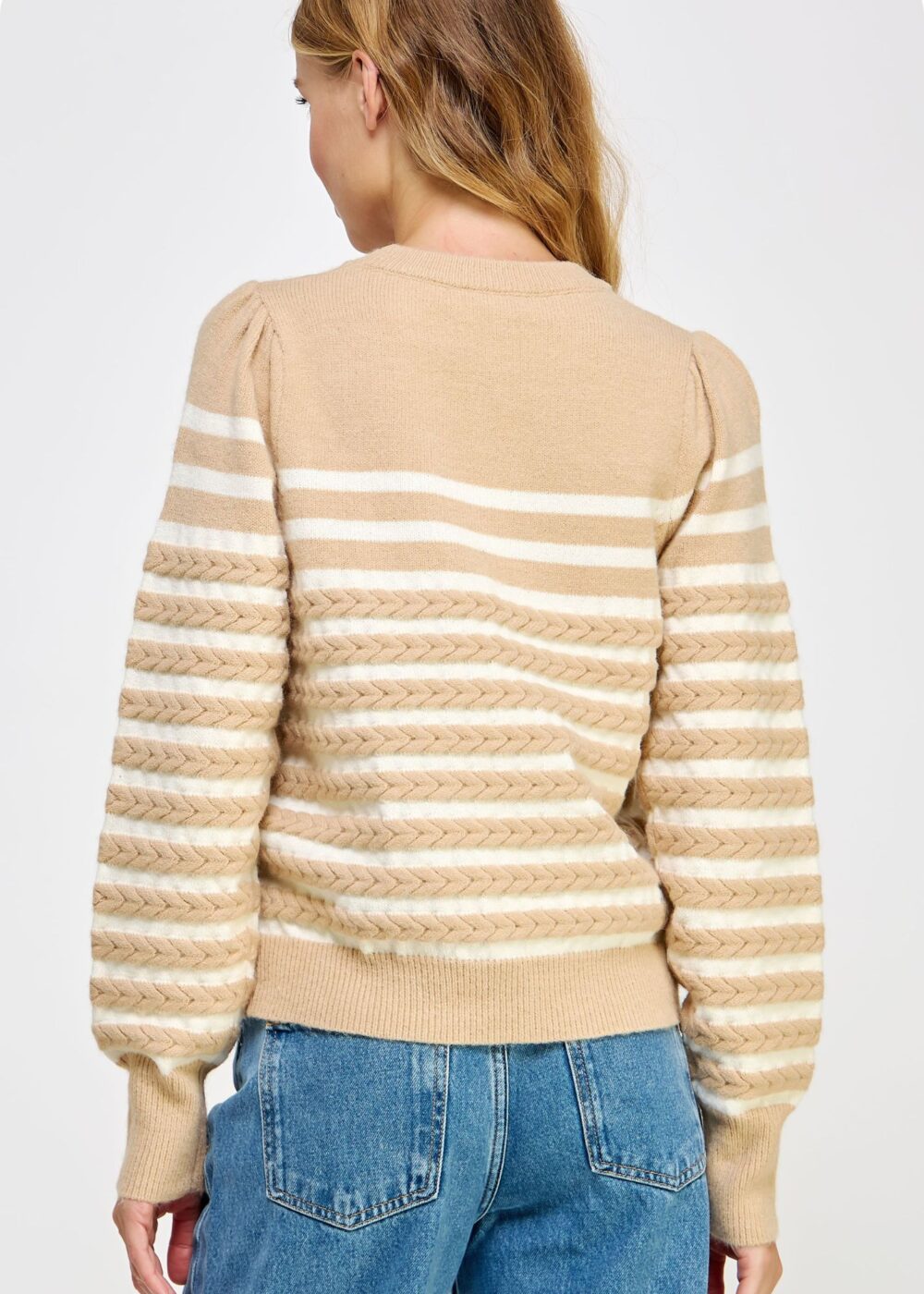 SAND AND IVORY STRIPED CABLE KNIT SWEATER