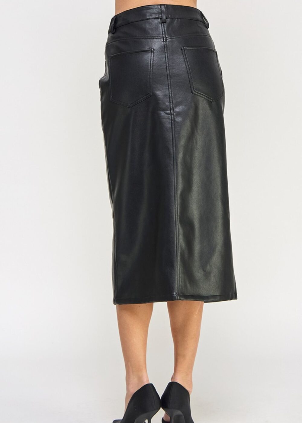 BLACK FAUX LEATHER MIDI SKIRT