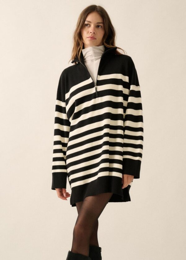 BLACK AND CREAM STRIPE HALF-ZIP SWEATER DRESS