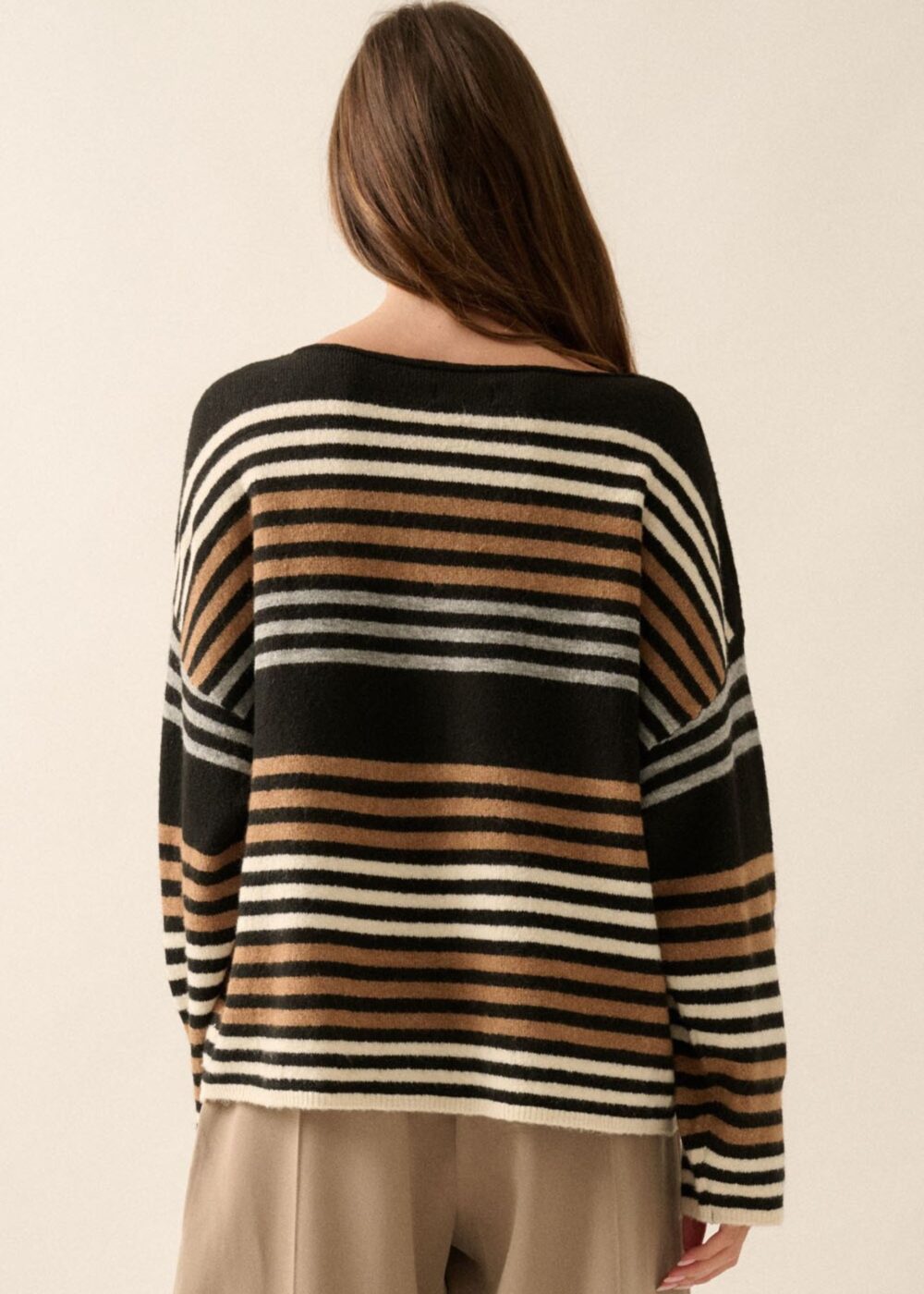 BLACK, CAMEL, CREAM, AND GREY STRIPE SWEATER