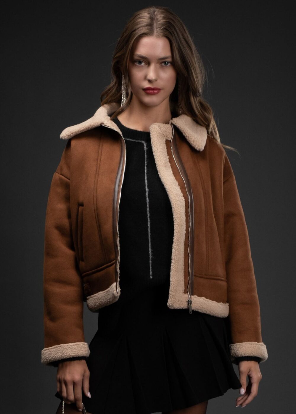 BROWN FAUX SUEDE JACKET WITH CREAM SHERPA TRIM