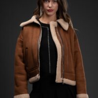 BROWN FAUX SUEDE JACKET WITH CREAM SHERPA TRIM