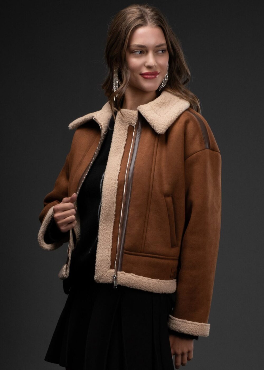 BROWN FAUX SUEDE JACKET WITH CREAM SHERPA TRIM