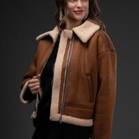 BROWN FAUX SUEDE JACKET WITH CREAM SHERPA TRIM