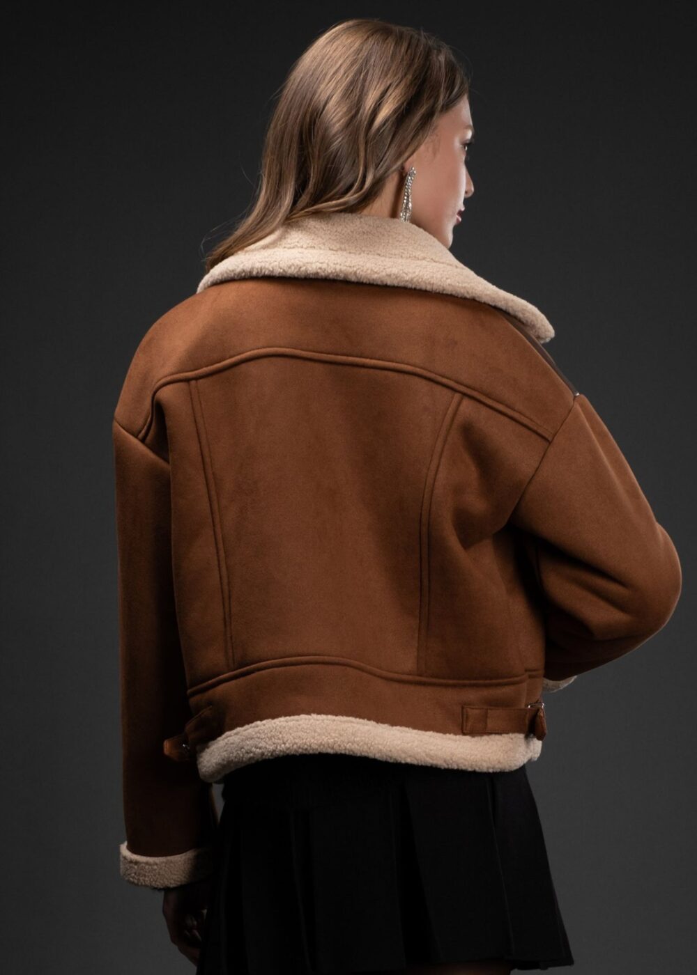 BROWN FAUX SUEDE JACKET WITH CREAM SHERPA TRIM