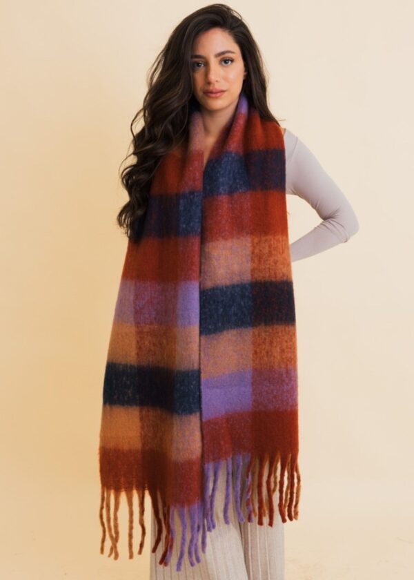 RED PLAID FRINGE TRIM WINTER SCARF