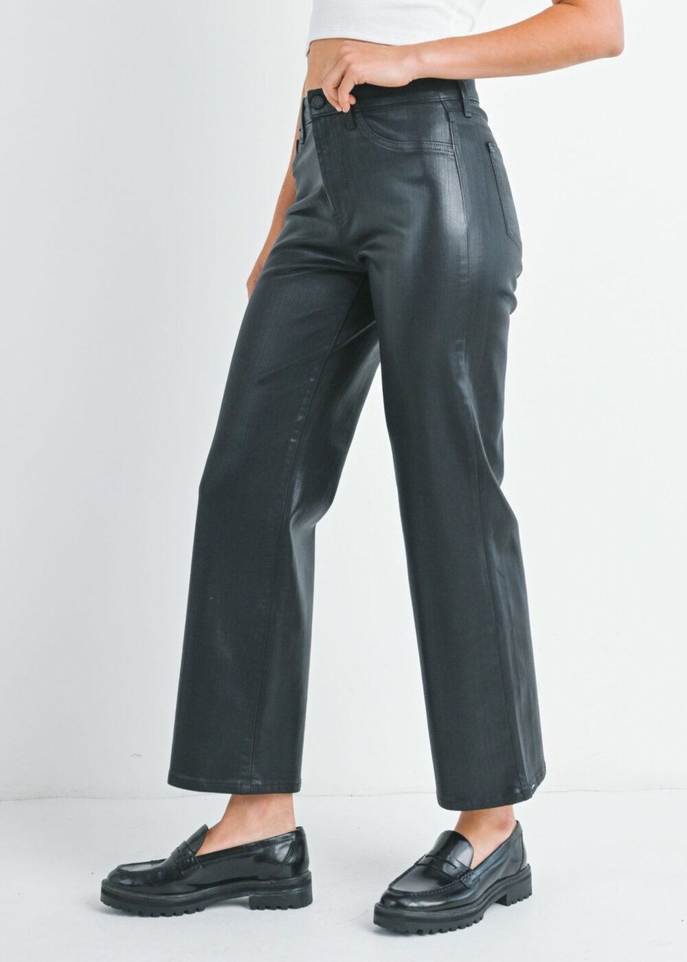 FAUX LEATHER COATED BLACK JEANS