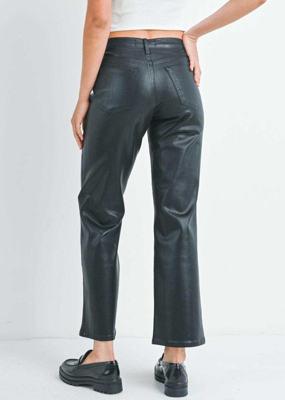 FAUX LEATHER COATED BLACK JEANS