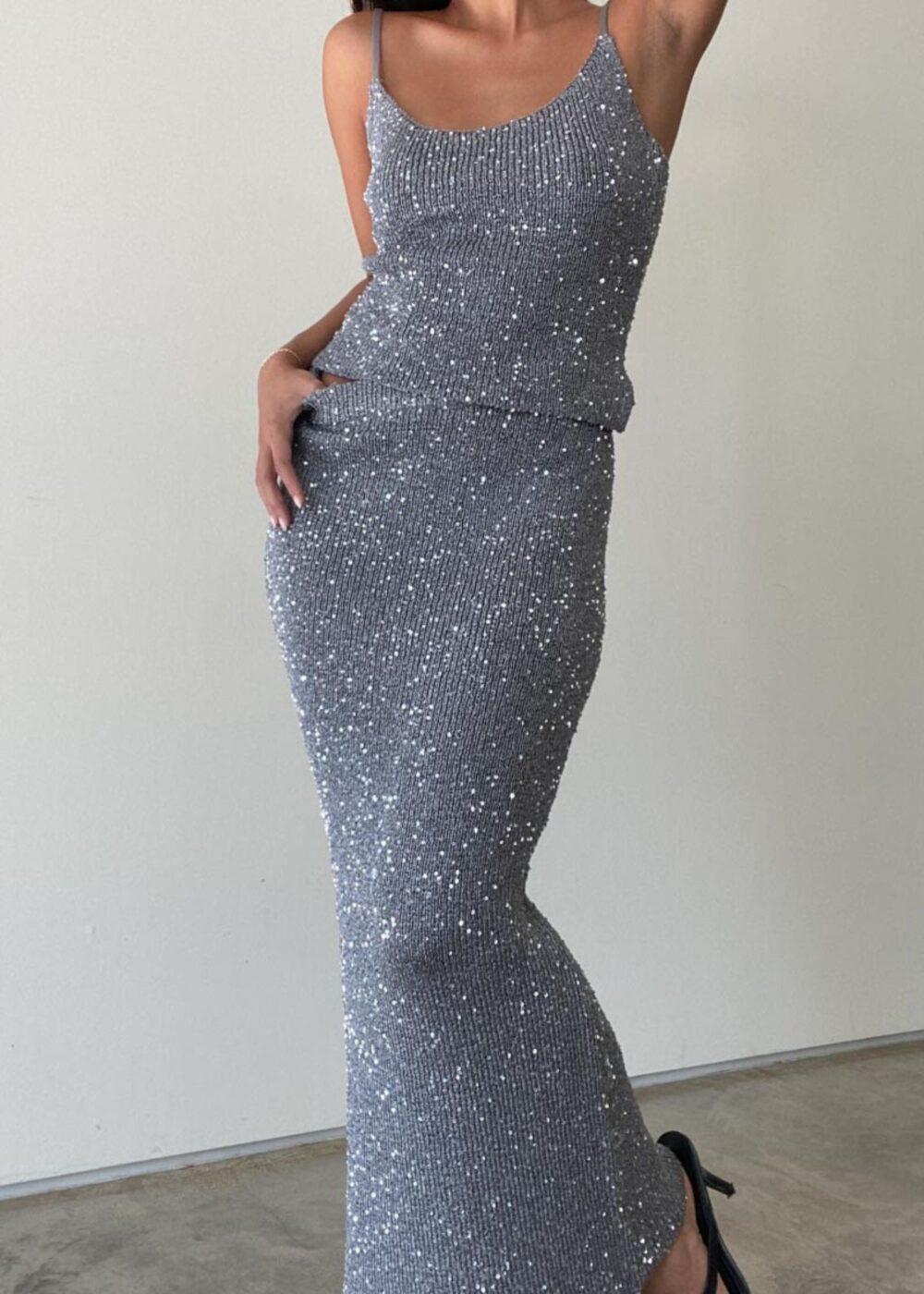 SILVER KNIT MAXI SKIRT WITH SEQUIN ACCENTS