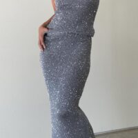 SILVER KNIT MAXI SKIRT WITH SEQUIN ACCENTS