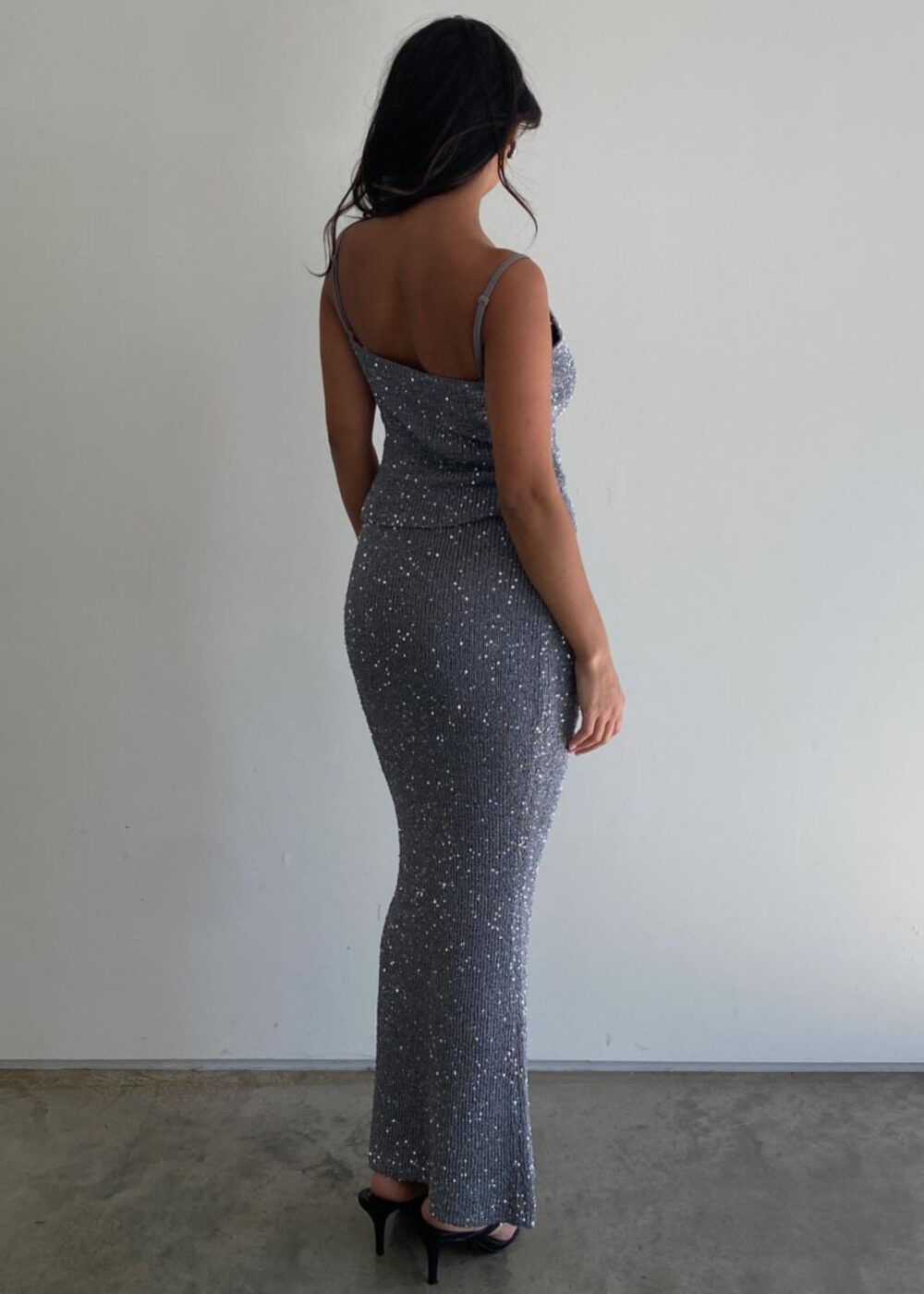 SILVER KNIT MAXI SKIRT WITH SEQUIN ACCENTS