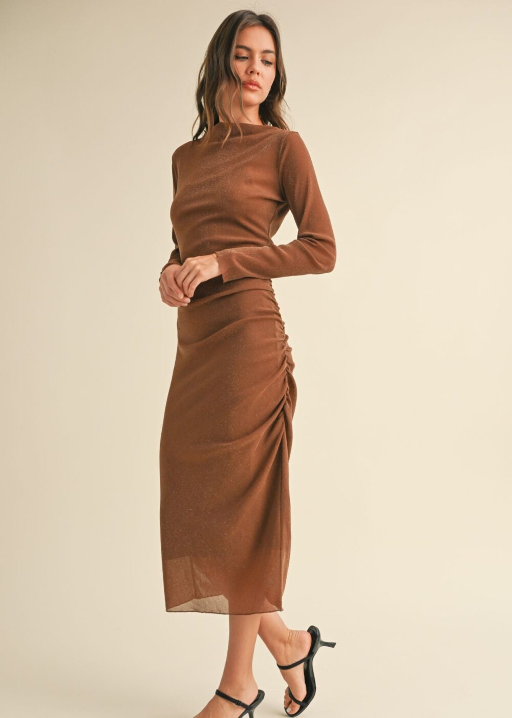 BROWN RUCHED MESH DRESS