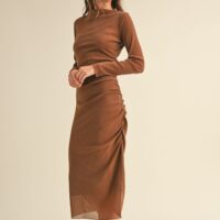 BROWN RUCHED MESH DRESS