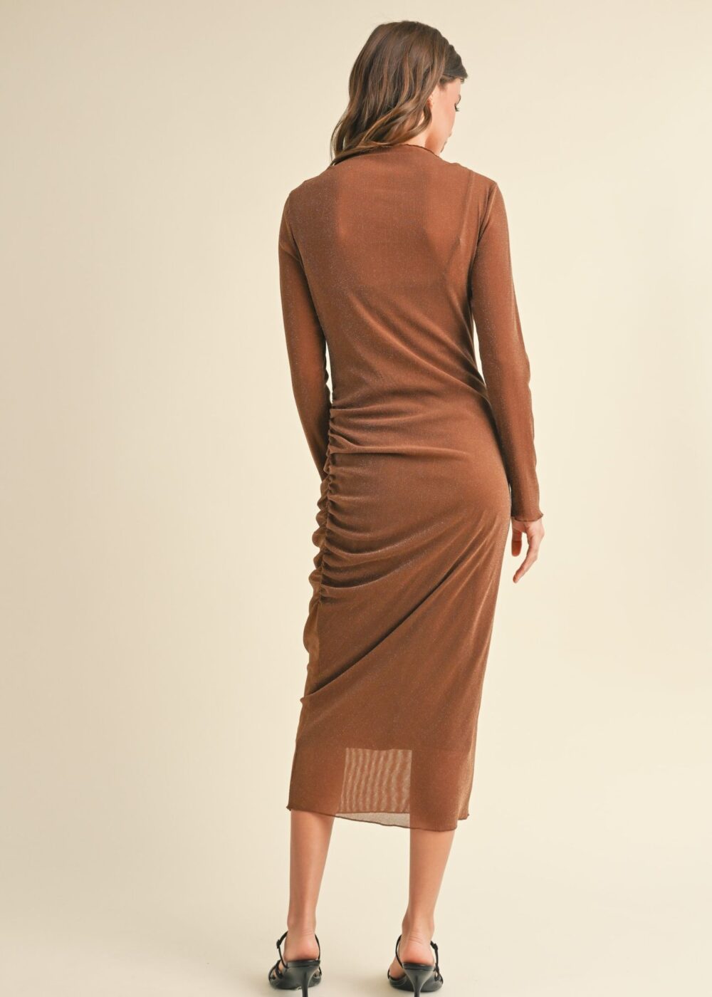 BROWN RUCHED MESH DRESS