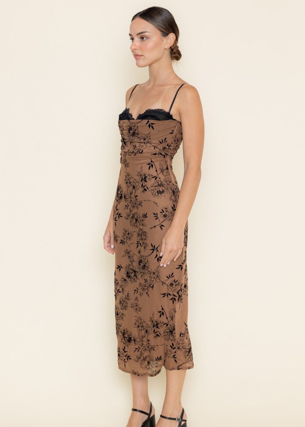 BROWN AND BLACK FLORAL MESH DRESS