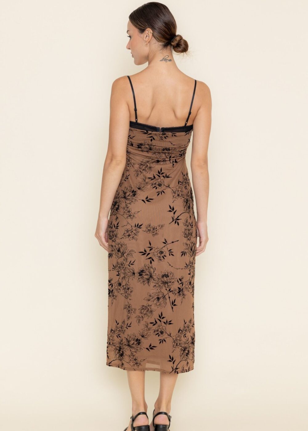 BROWN AND BLACK FLORAL MESH DRESS