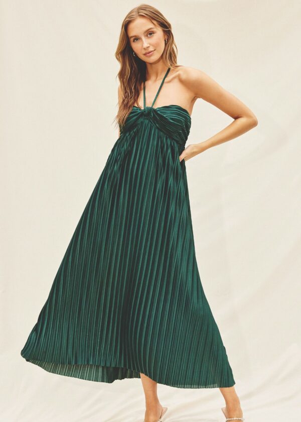 GREEN PLEATED HALTER DRESS