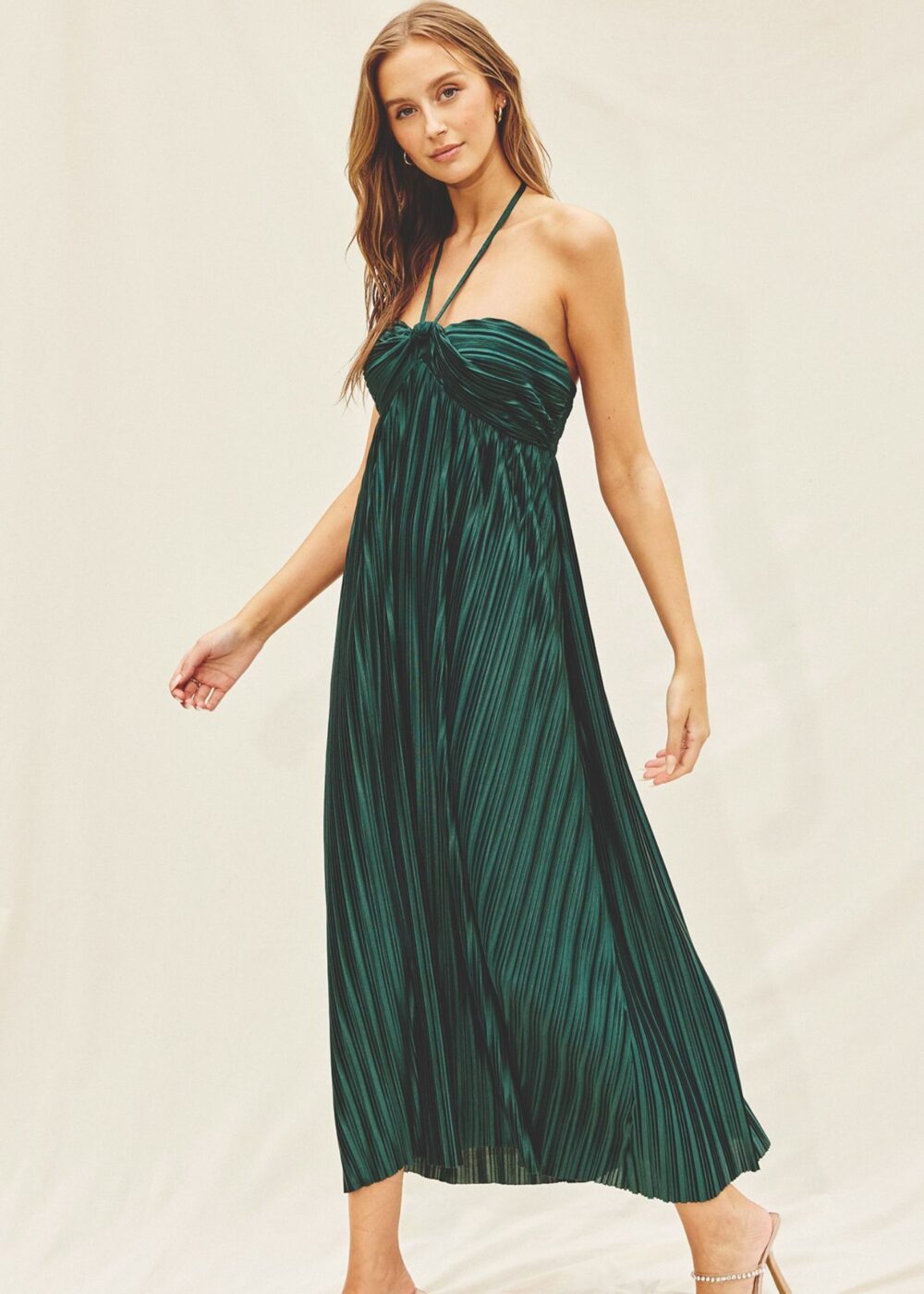 GREEN PLEATED HALTER DRESS