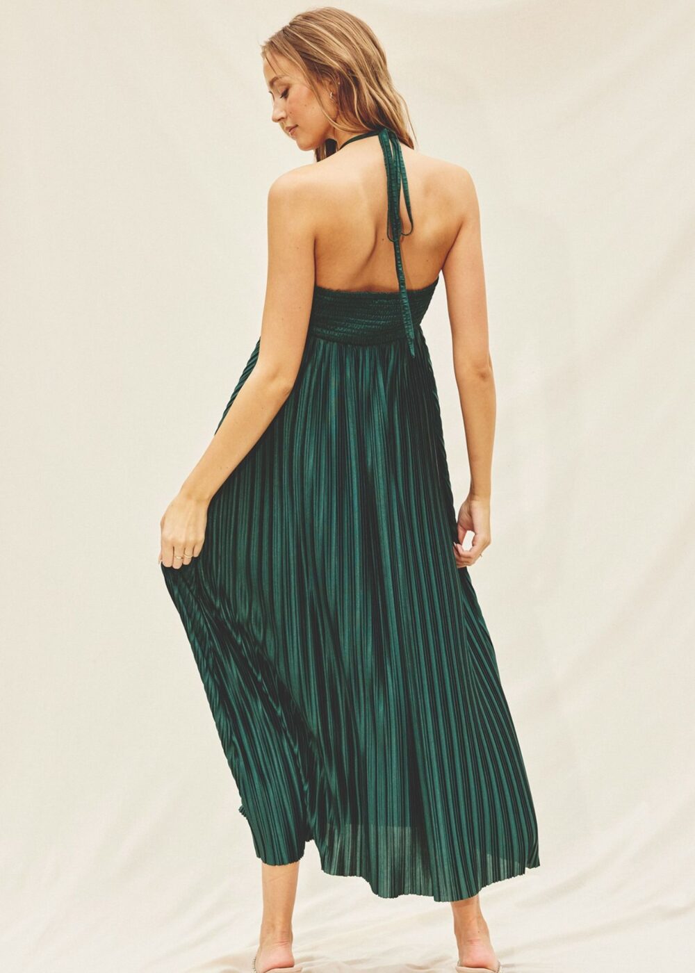 GREEN PLEATED HALTER DRESS