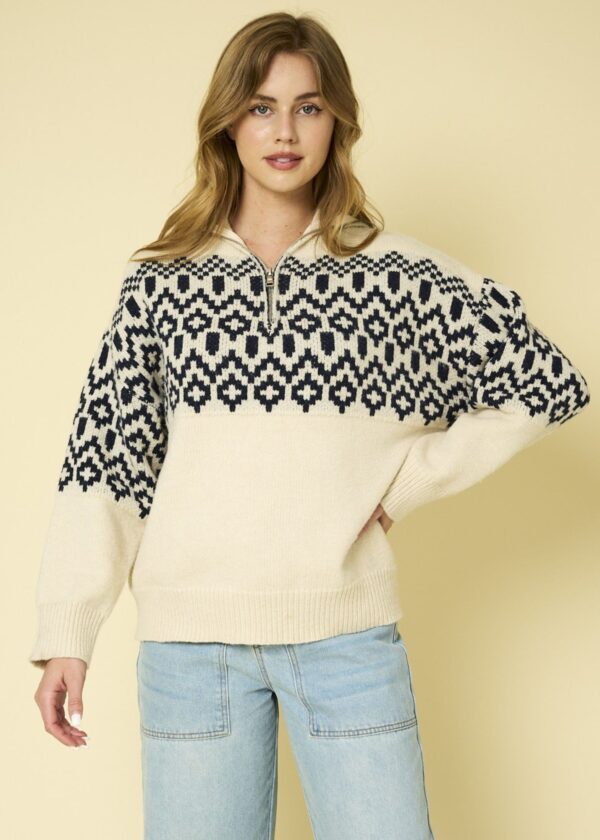 CREAM AND NAVY FAIR ISLE QUARTER ZIP SWEATER