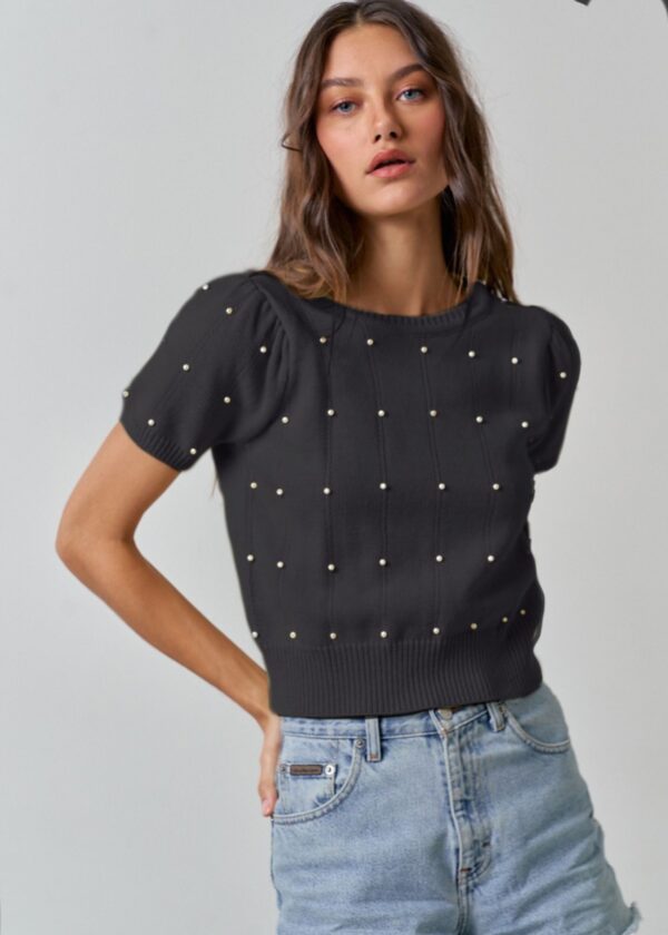 BLACK SWEATER TOP WITH PEARL ACCENTS