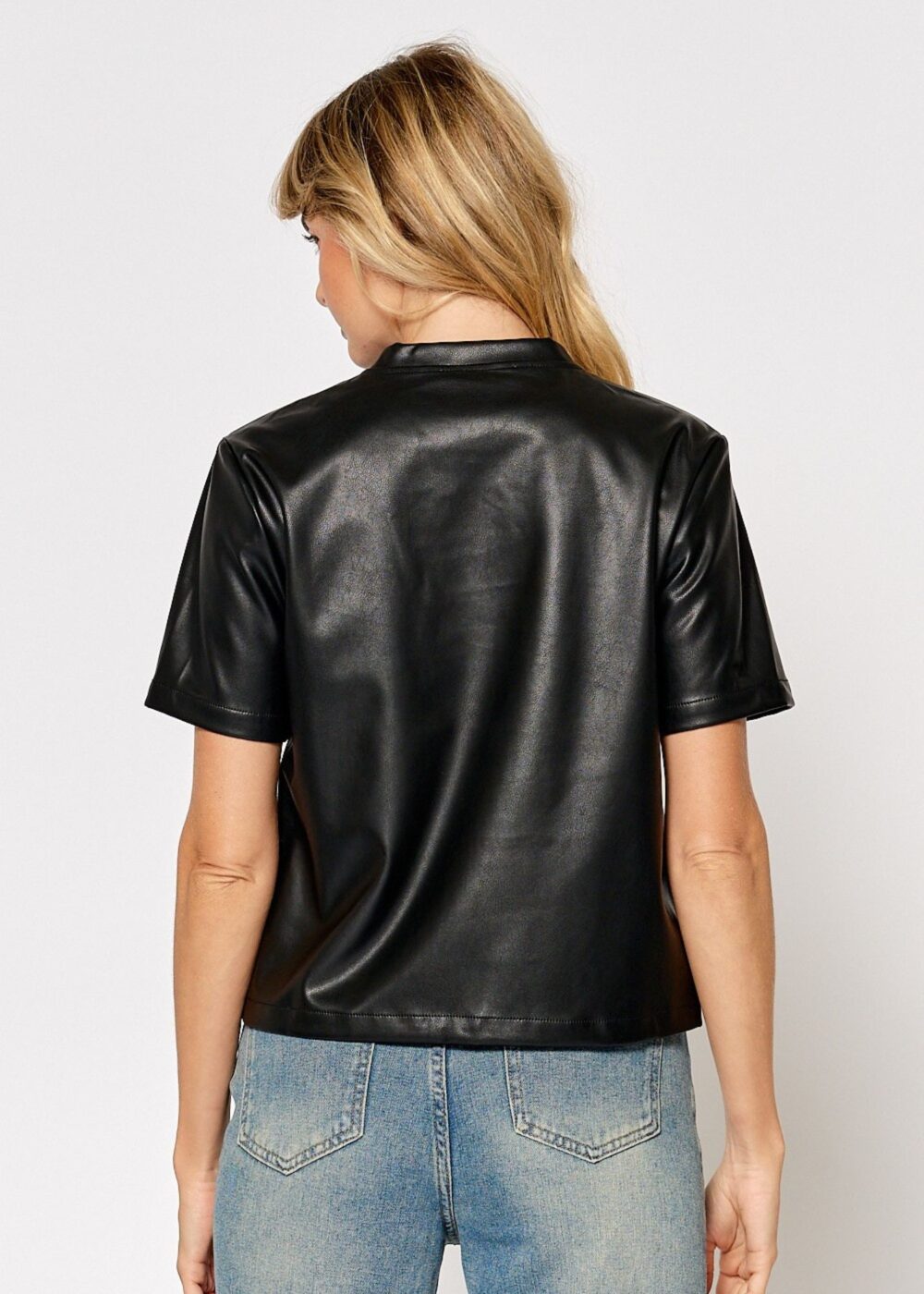 BLACK FAUX LEATHER SHORT SLEEVE TOP