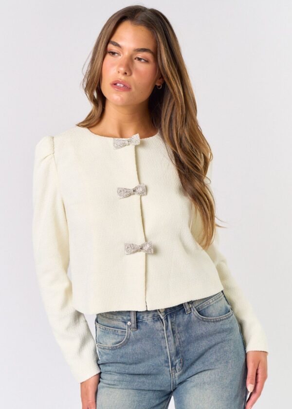 IVORY TWEED JACKET WITH RHINESTONE BOW ACCENTS