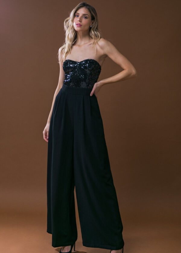 BLACK SEQUIN BODICE JUMPSUIT