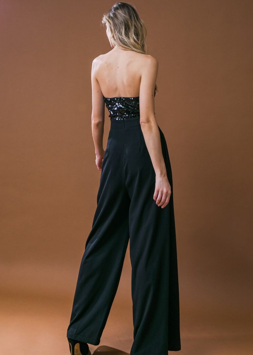 BLACK SEQUIN BODICE JUMPSUIT