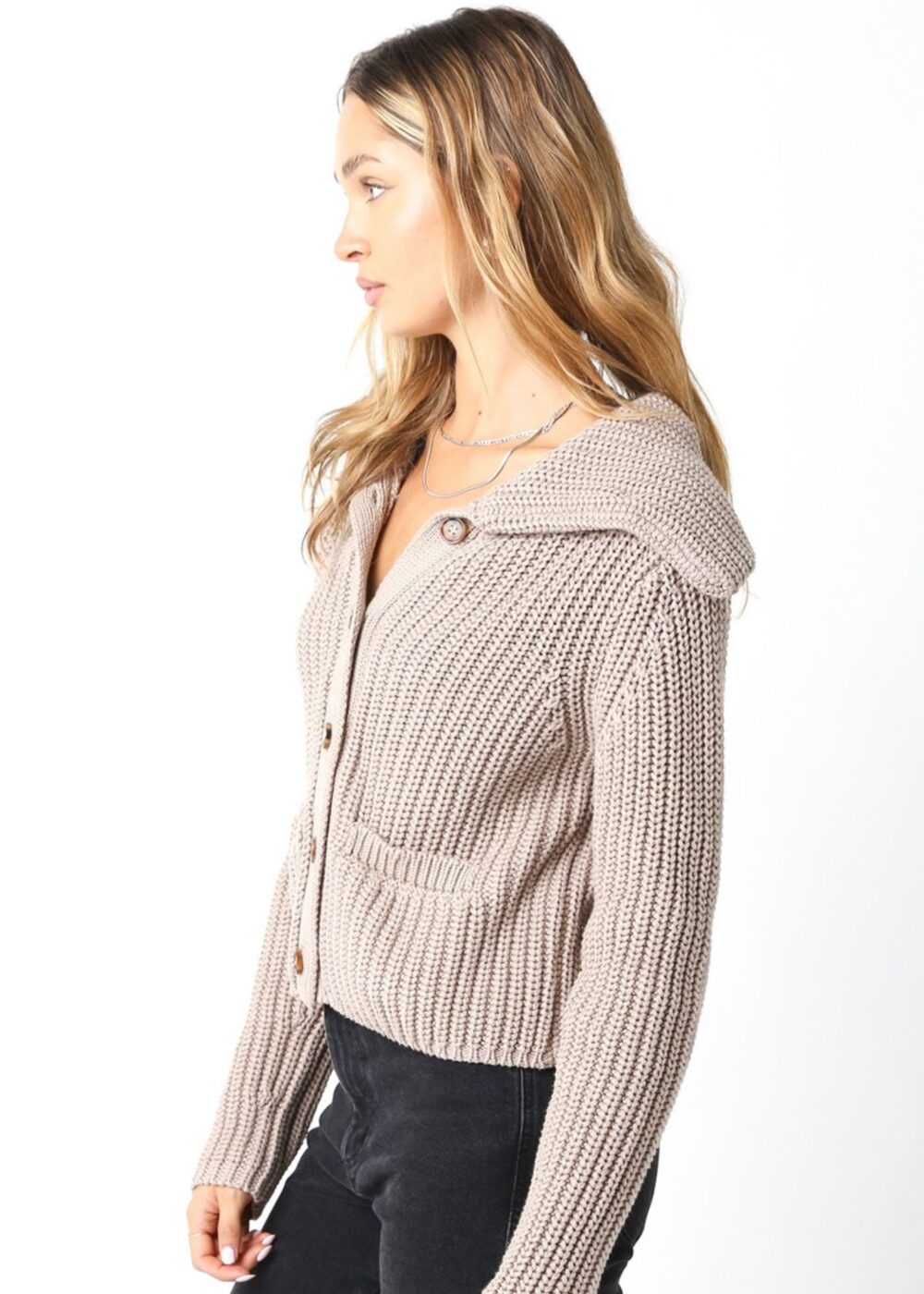 KHAKI RIBBED KNIT CHUNKY CARDIGAN