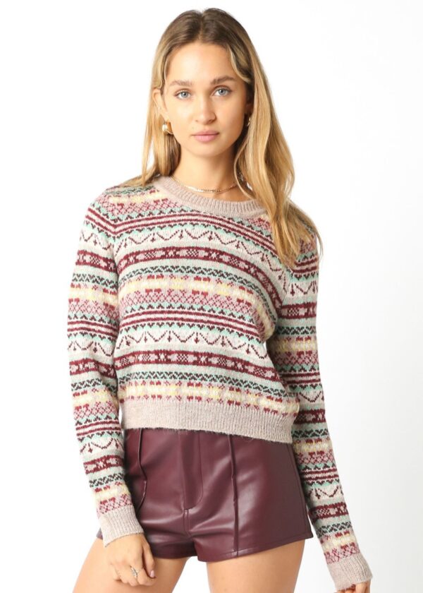 TAUPE AND BURGUNDY FAIR ISLE SWEATER