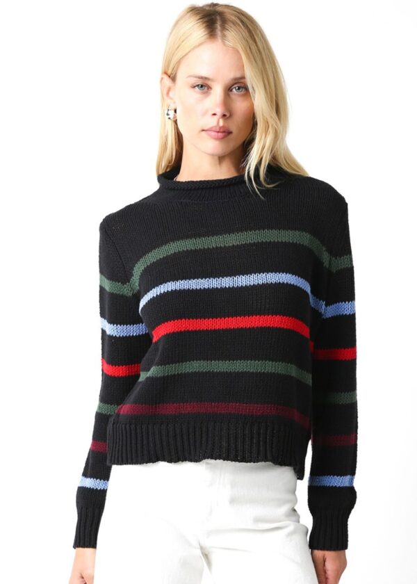 BLACK SWEATER WITH MULTI COLOR STRIPES