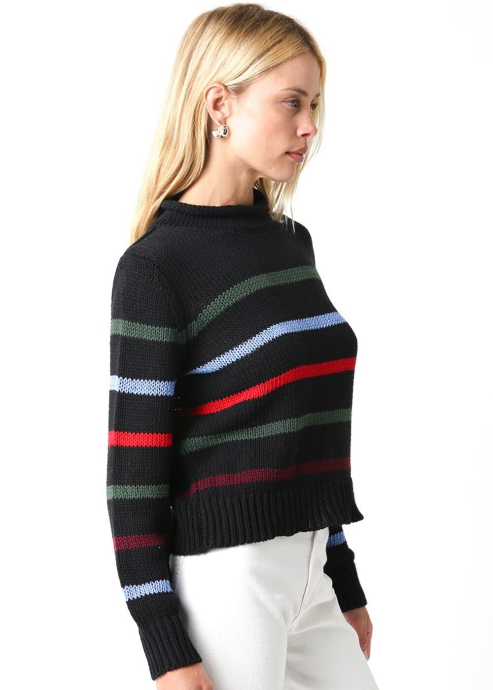 BLACK SWEATER WITH MULTI COLOR STRIPES