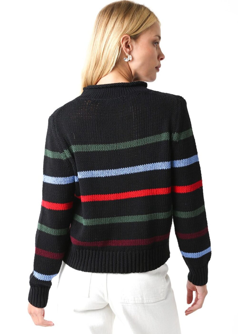 BLACK SWEATER WITH MULTI COLOR STRIPES