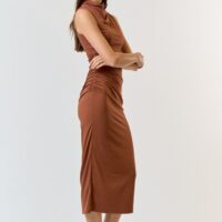 BROWN RUCHED MIDI DRESS