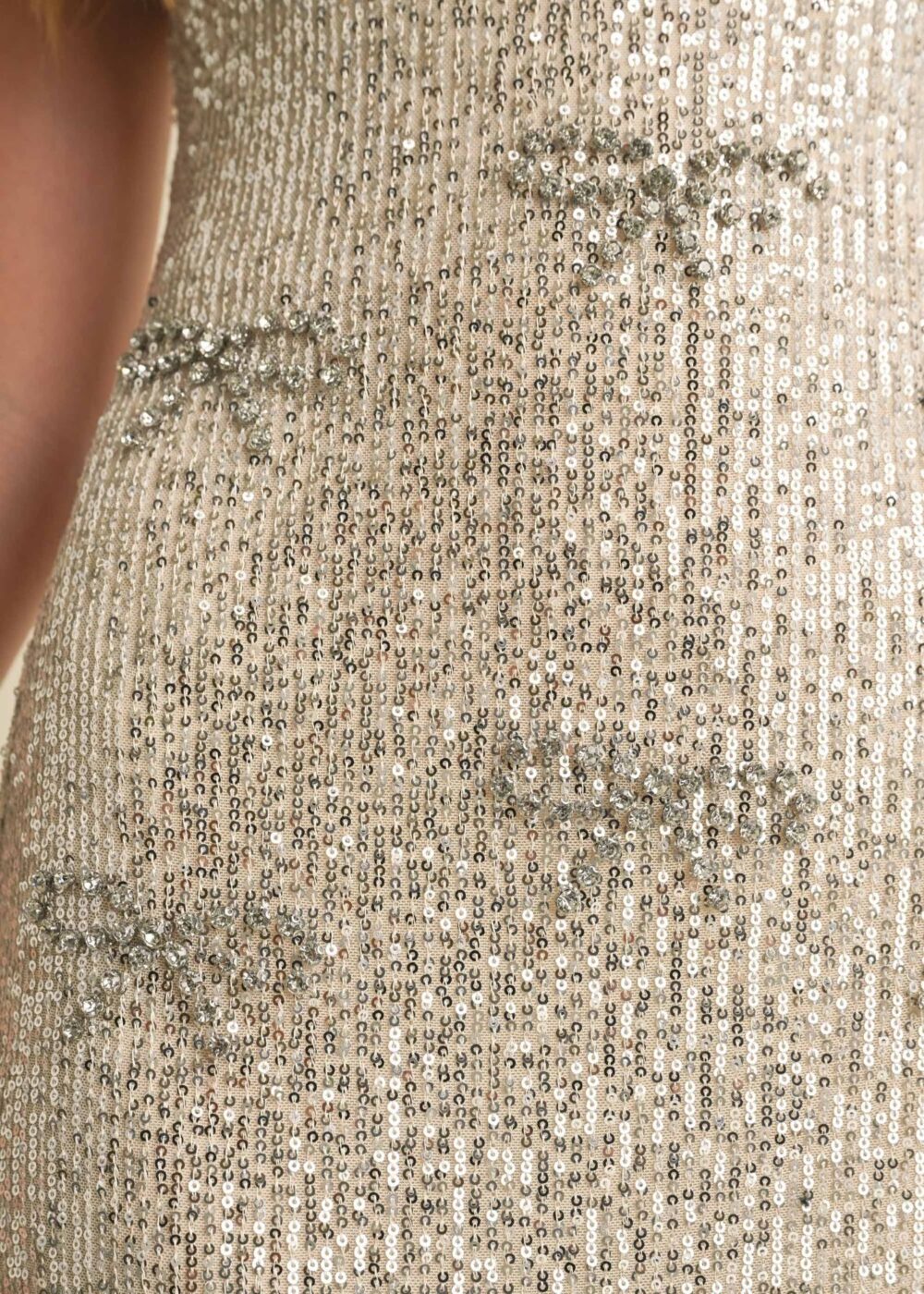 CHAMPAGNE SEQUIN DRESS WITH RHINESTONE BOW ACCENTS