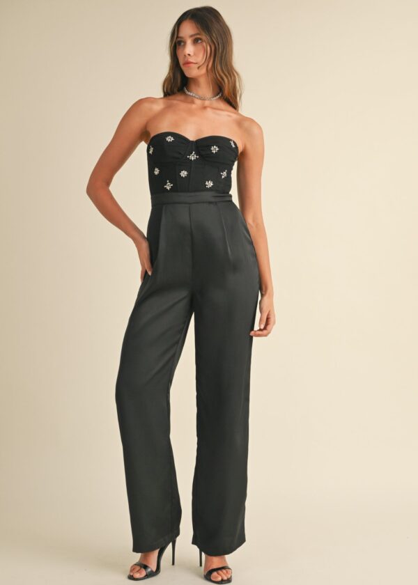 BLACK BUSTIER JUMPSUIT WITH RHINESTONE ACCENTS