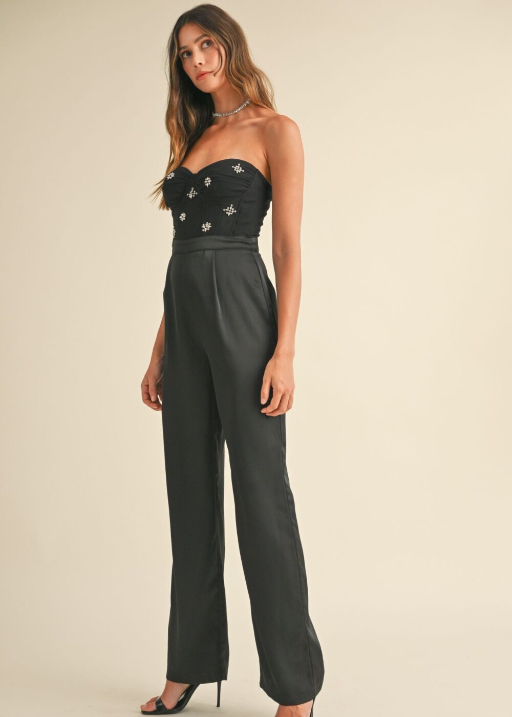 BLACK BUSTIER JUMPSUIT WITH RHINESTONE ACCENTS