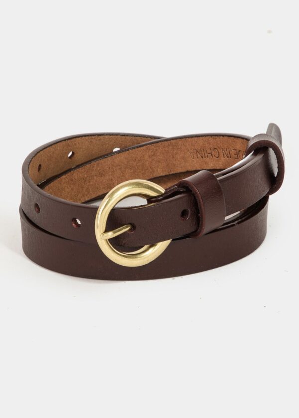 BROWN FAUX LEATHER BELT WITH GOLD CIRCLE BUCKLE