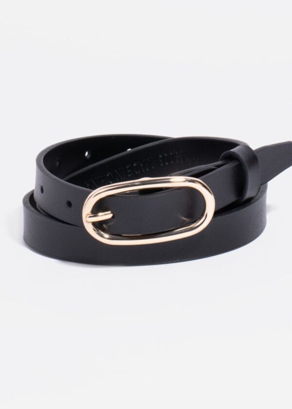 BLACK THIN LEATHER BELT WITH GOLD OVAL BUCKLE