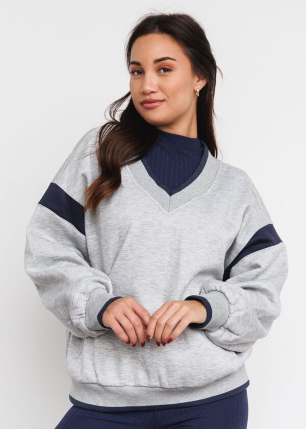 GREY SWEATSHIRT WITH NAVY BLUE CONTRAST DETAILS