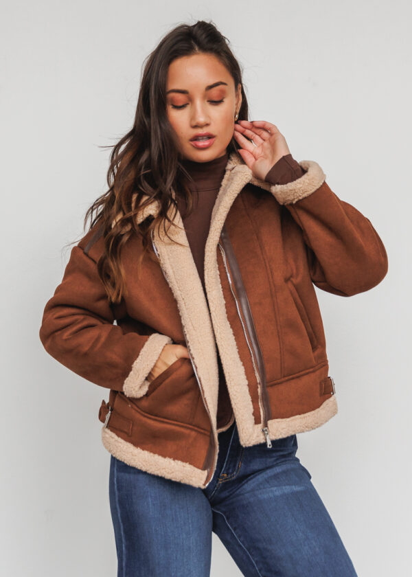 BROWN FAUX SUEDE JACKET WITH CREAM SHERPA TRIM