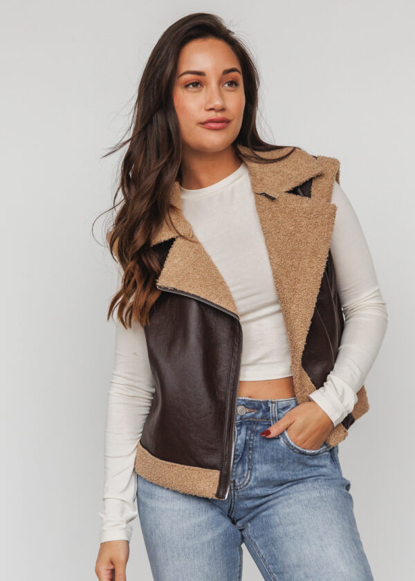 DARK BROWN FAUX LEATHER VEST WITH TAN SHERPA TRIM