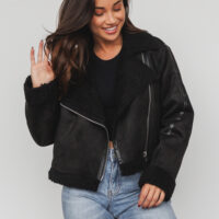 BLACK FAUX SUEDE MOTO JACKET WITH SHERPA TRIM