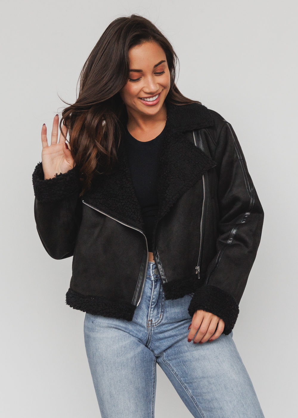 BLACK FAUX SUEDE MOTO JACKET WITH SHERPA TRIM