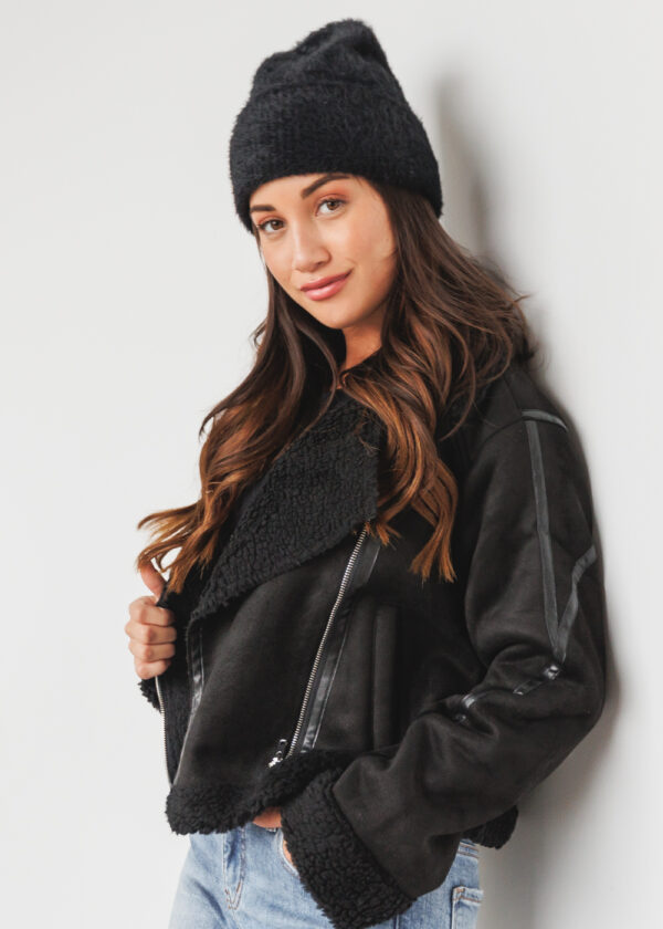 BLACK FAUX SUEDE MOTO JACKET WITH SHERPA TRIM